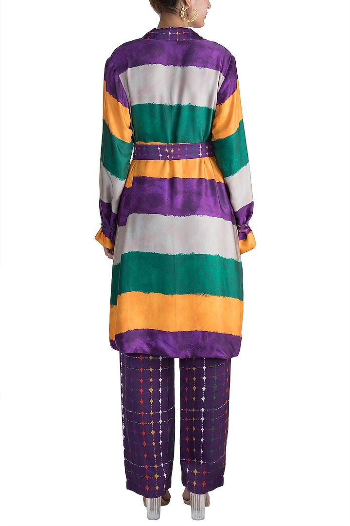 Purple Stripe Printed Reversible Coat With Belt by Saaksha & Kinni at Pernia's Pop Up Shop
